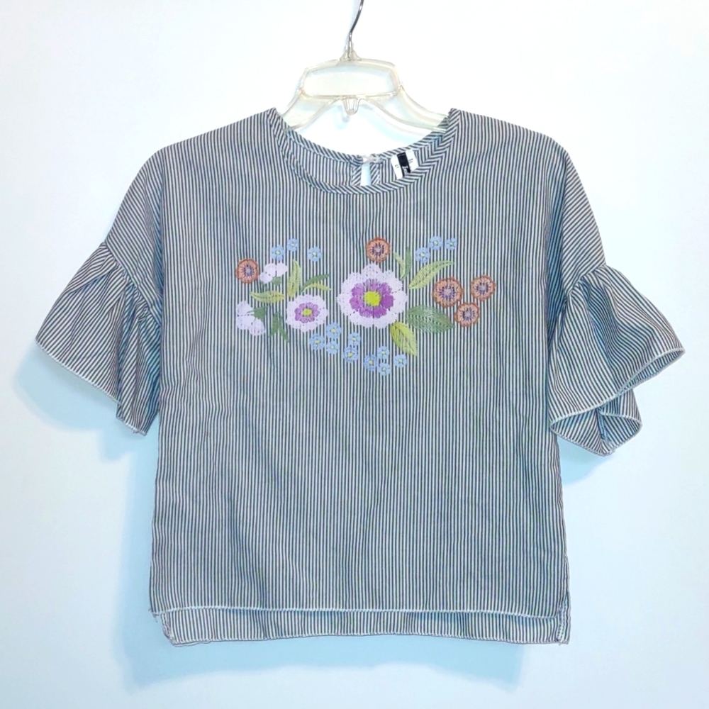Insta Girl Paris Fashion Shop Bell Short Sleeve Floral Stripe Top Large 14/16
